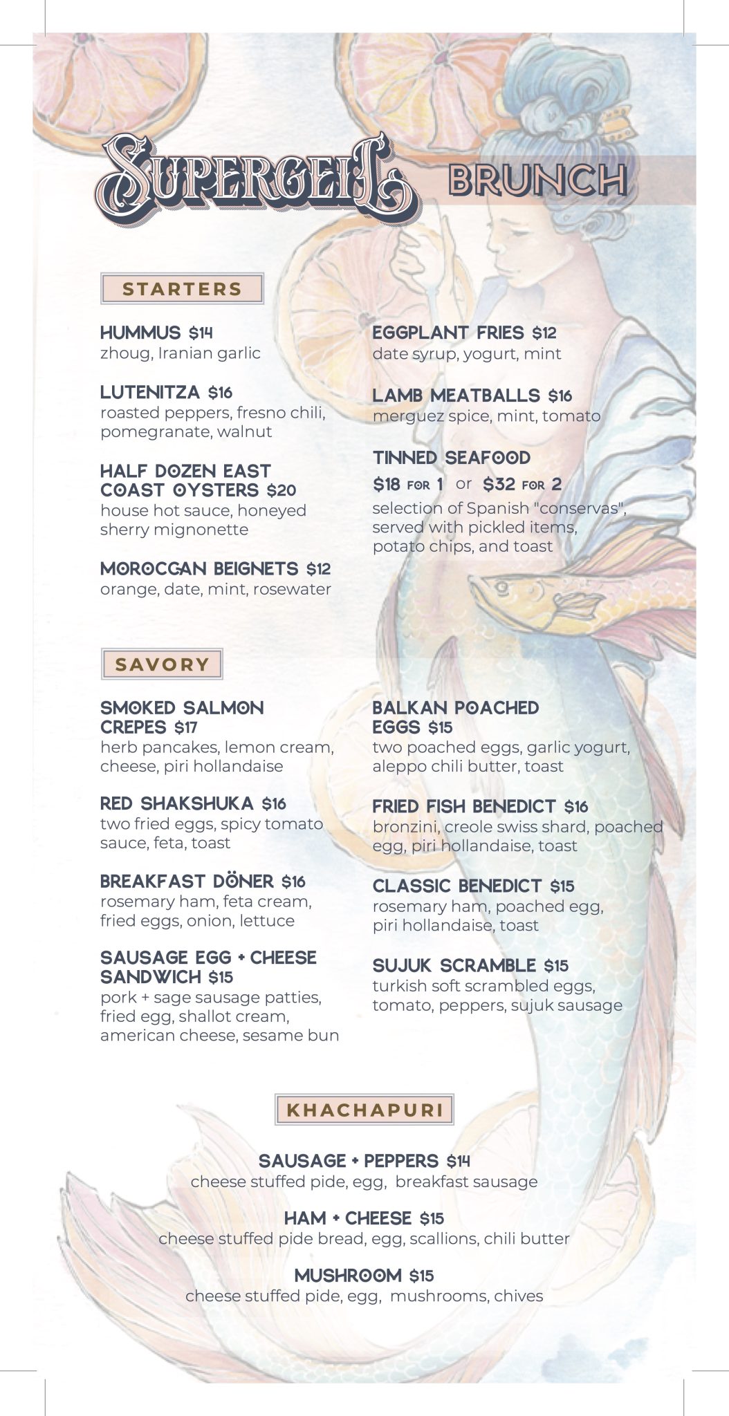 Supergeil brunch menu, page one